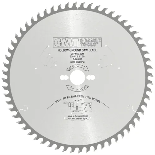 CMT Industrial C287 Körfűrészlap lamino-ra elővágó nélkül - D303x3,2 d30 Z60 HW -6°Neg