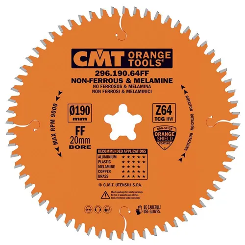 CMT Orange Körfűrészlap lamino-ra, műanyagra és színesfémekre - D190x2,8 d20 Z64 HW Festool