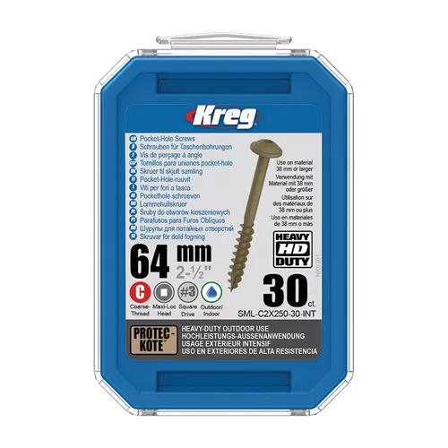 Kreg Protec-Kote Maxi-Loc HD csavarok rejtett kötésekhez - 64 mm, durva menet, 30 db